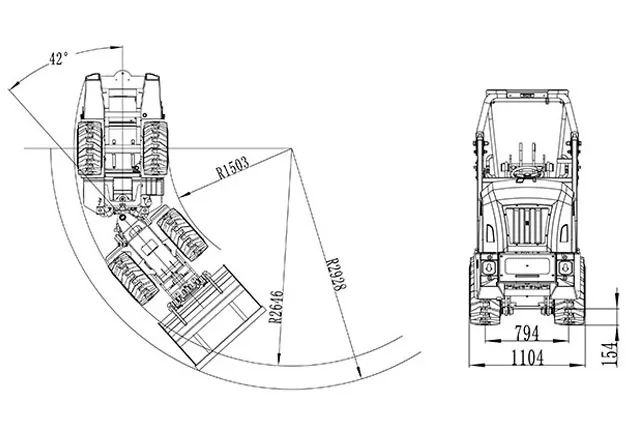 Toyo Hoflader Modell 810E mit Bügel – Technische Zeichnung: Draufsicht mit Lenkwinkel und Wenderadius