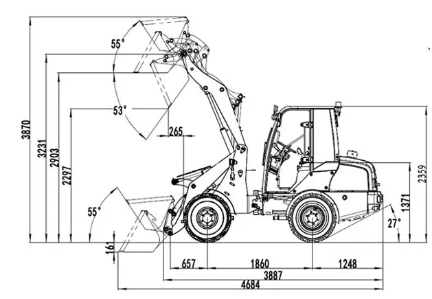 Toyo Hoflader Modell 851 Stage V mit Kabine im Aktionspaket – Technische Maßzeichnung, Seitenansicht, mit Schaufel und Kabine