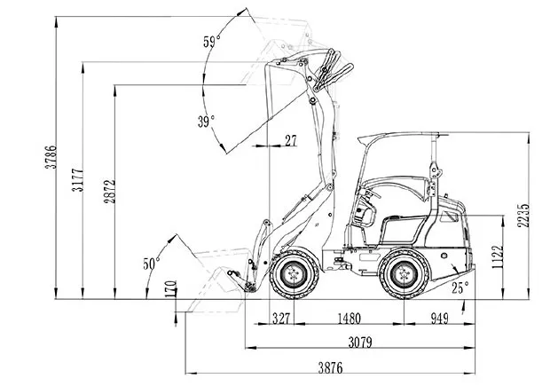 Toyo Hoflader Modell 810E mit Bügel – Technische Seitenansicht mit Maßangaben, Schaufel, Fahrerkabine, Hubgestänge